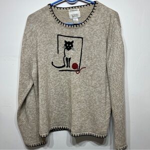 Christoper & Banks Large Beige Cat Sweater Embroidered vintage